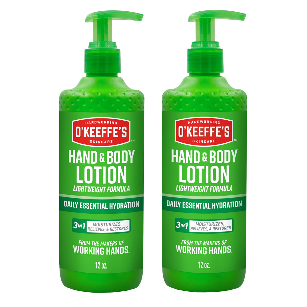 O'Keeffe's Hand and Body Lotion pump bottle on countertop provides instant relief and 48-hour hydration.