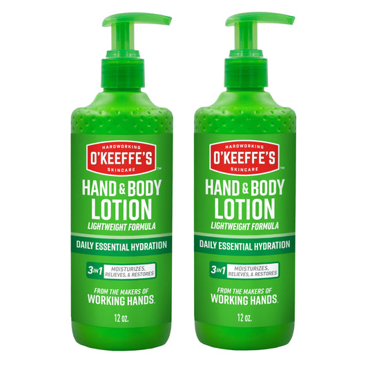 O'Keeffe's Hand and Body Lotion pump bottle on countertop provides instant relief and 48-hour hydration.