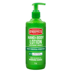 O'Keeffe's hand and body lotion pump bottle delivering daily hydration for dry skin.