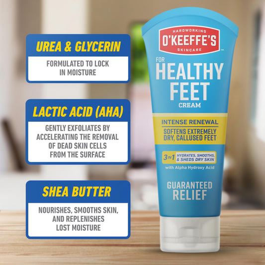O'Keeffe's Healthy Feet Intense Renewal Cream tube close-up with barrier protection