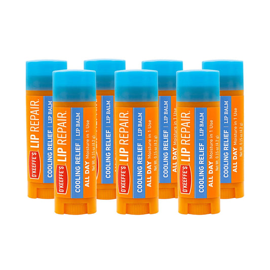 O'Keeffe's Lip Repair cooling balm applying to lips for instant hydration.