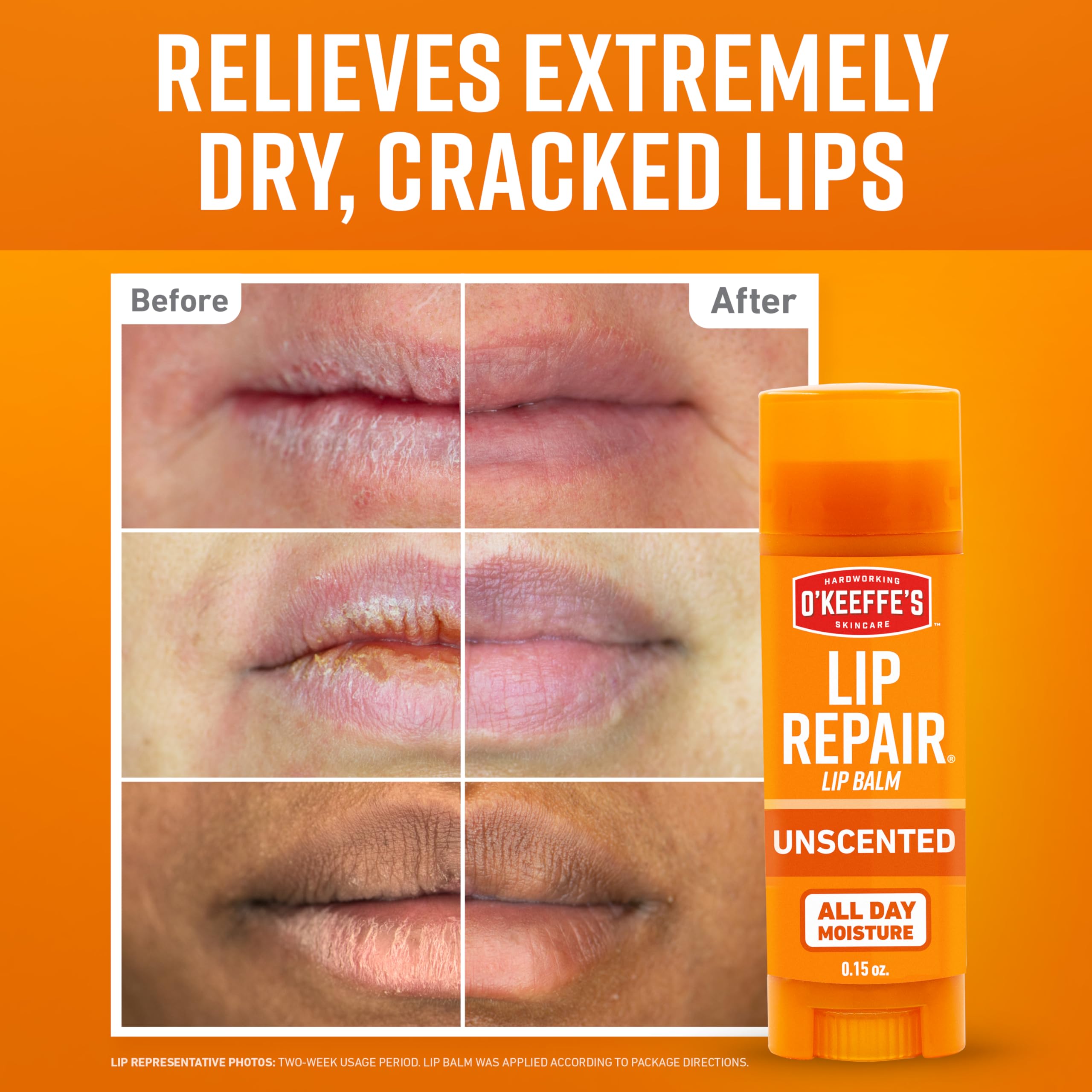 O'Keeffe's Lip Repair stick being applied to lips for instant moisture