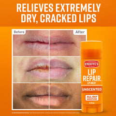 O'Keeffe's Lip Repair stick being applied to lips for instant moisture