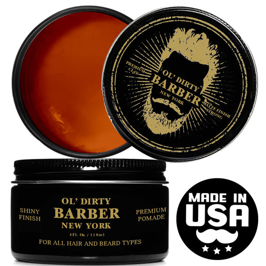 OL' DIRTY BARBER hair pomade 4oz tin delivers strong hold and high shine for a polished look