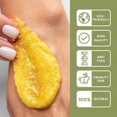 Olahoni sugar scrub being applied to skin demonstrates soothing care and even tone potential.
