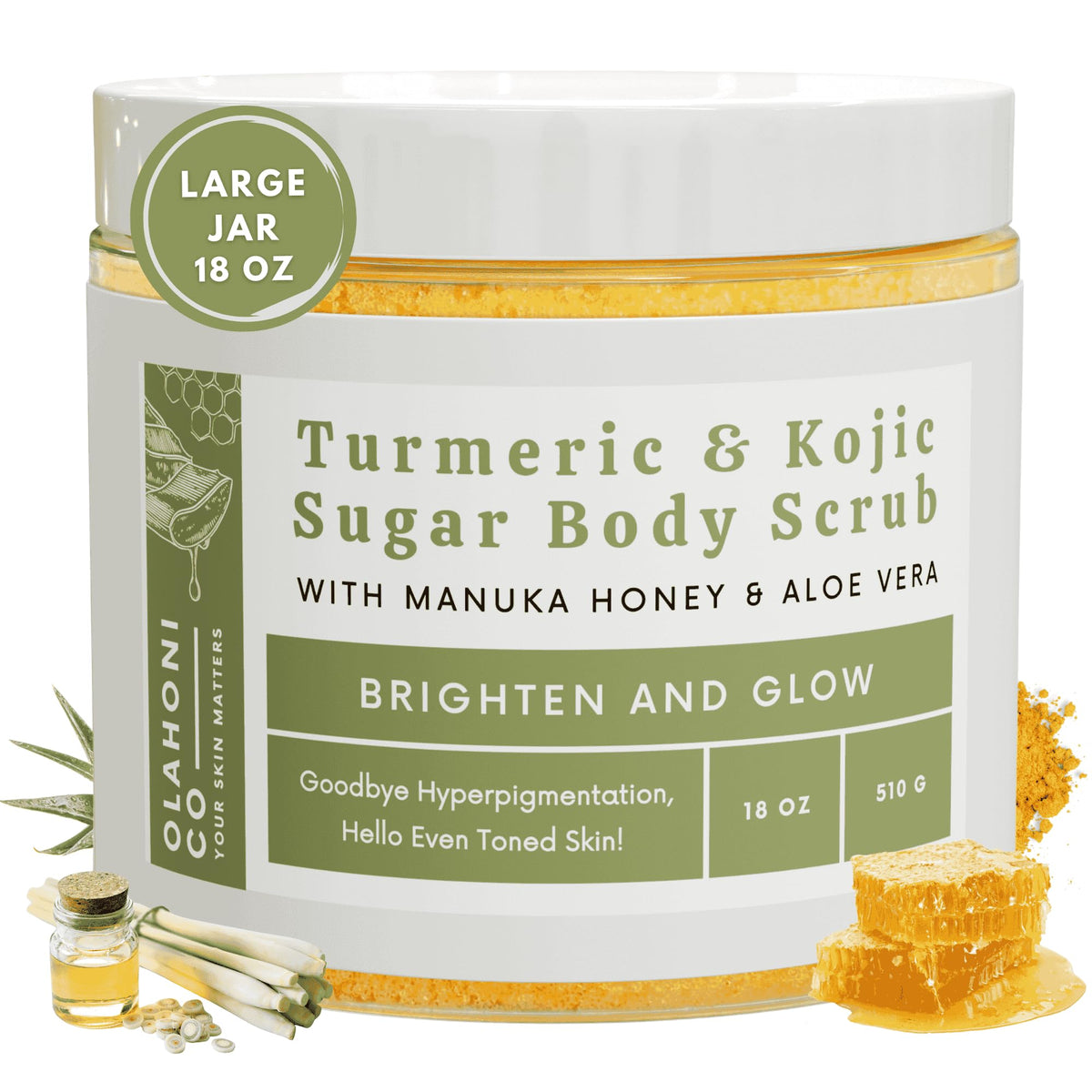 Olahoni kojic-turmeric-manuka-sugar-scrub jar close-up highlighting exfoliation for brighter skin.