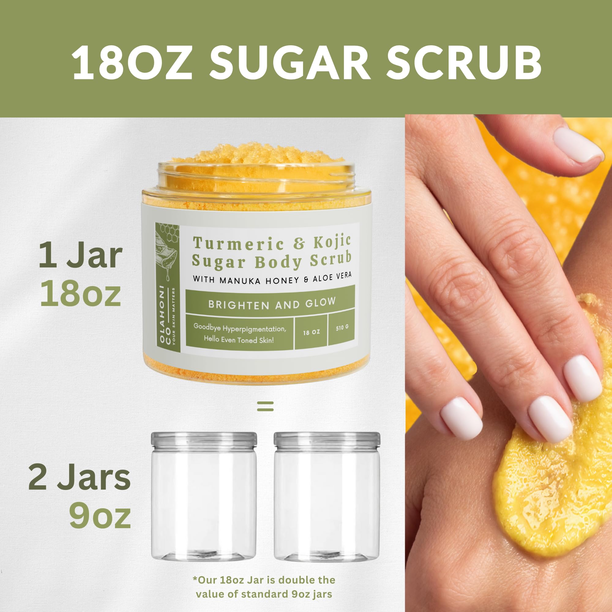Olahoni Kojic Turmeric Sugar Scrub label close-up communicates clean, natural formulation.