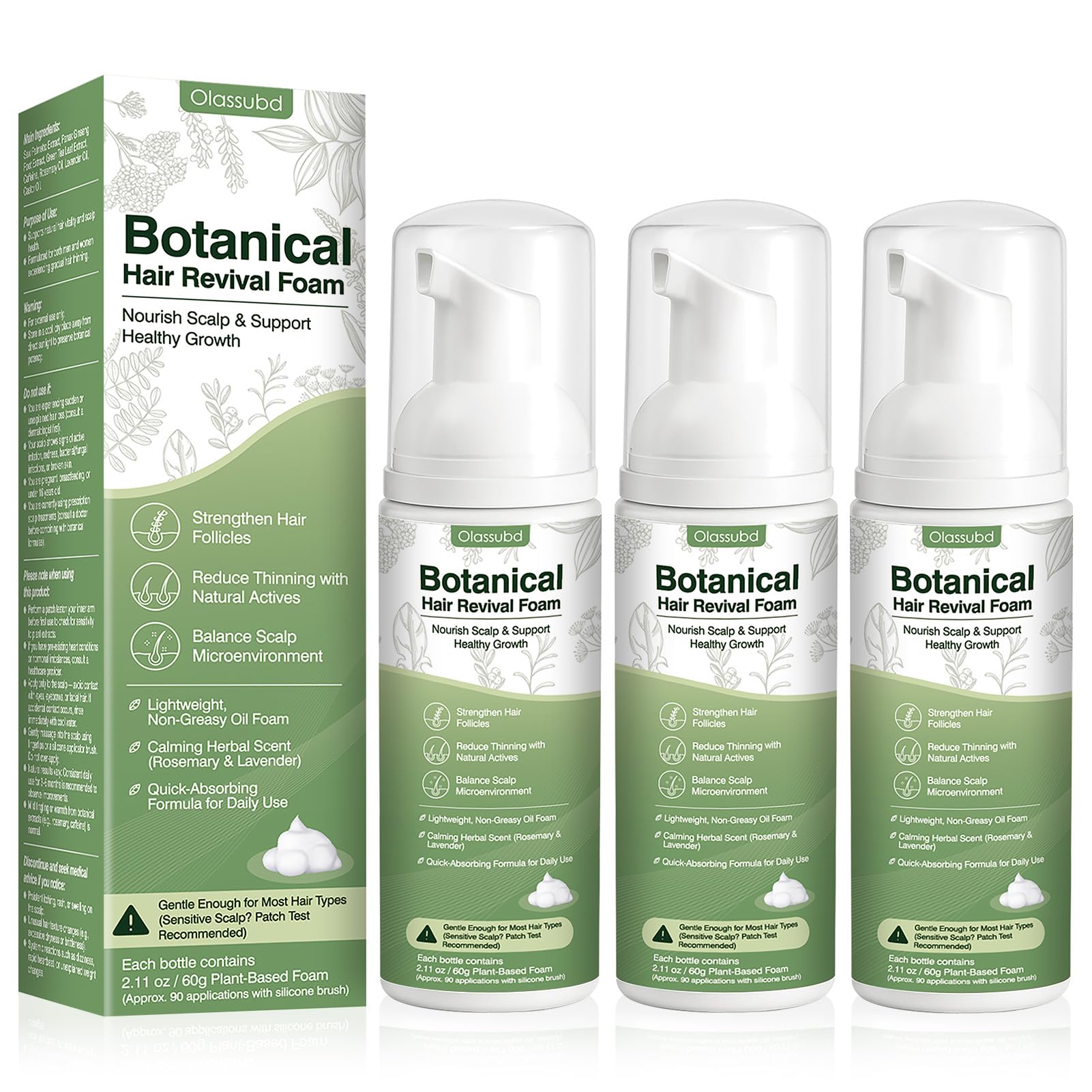 Olassubd Hair Growth Oil Foam bottle showing vegan formula and non-greasy finish.