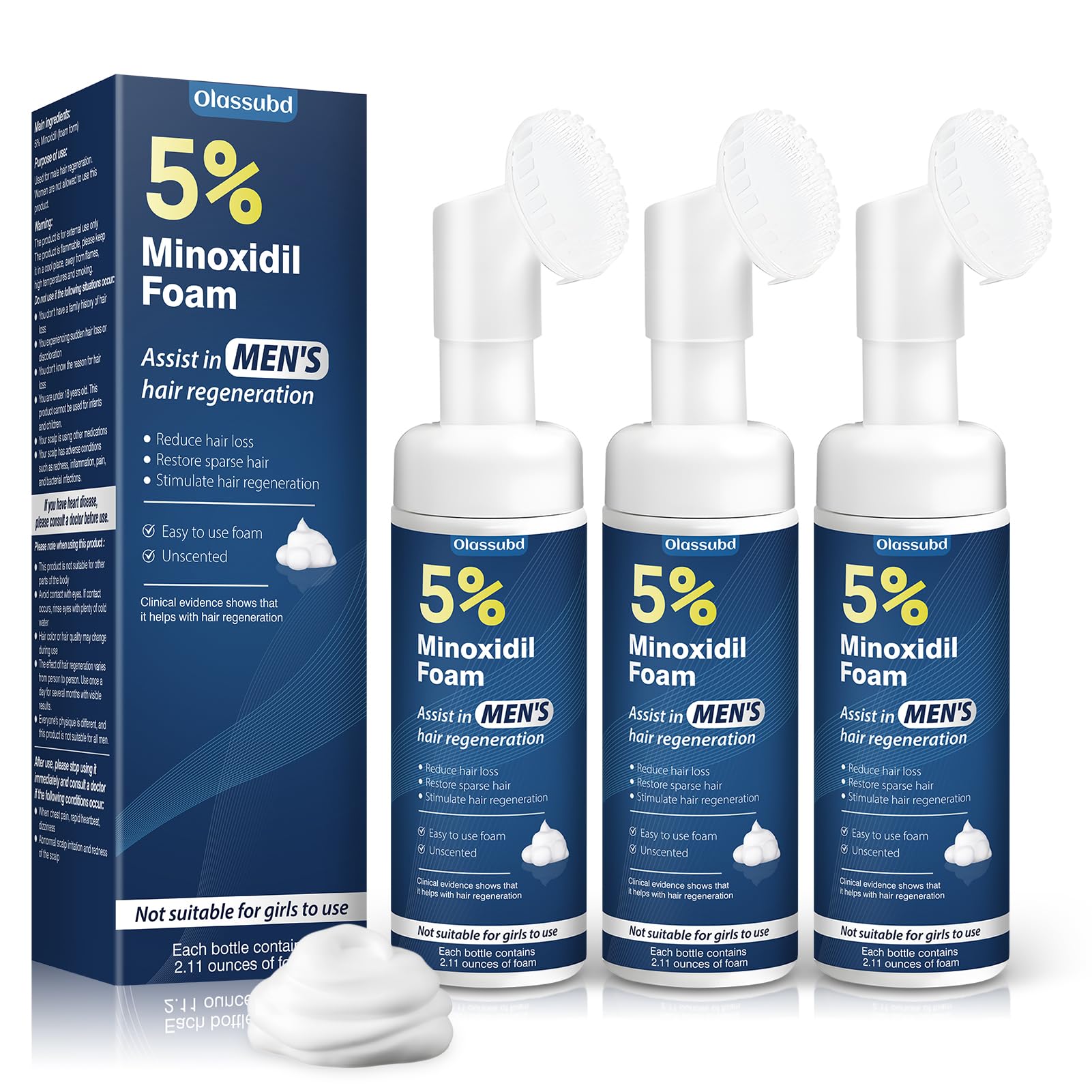 Olassubd Minoxidil 5% Foam bottle for easy scalp application and support.