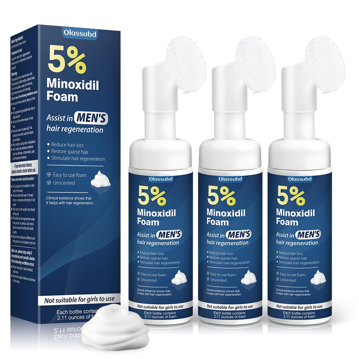 Olassubd Minoxidil 5% Foam bottle for easy scalp application and support.