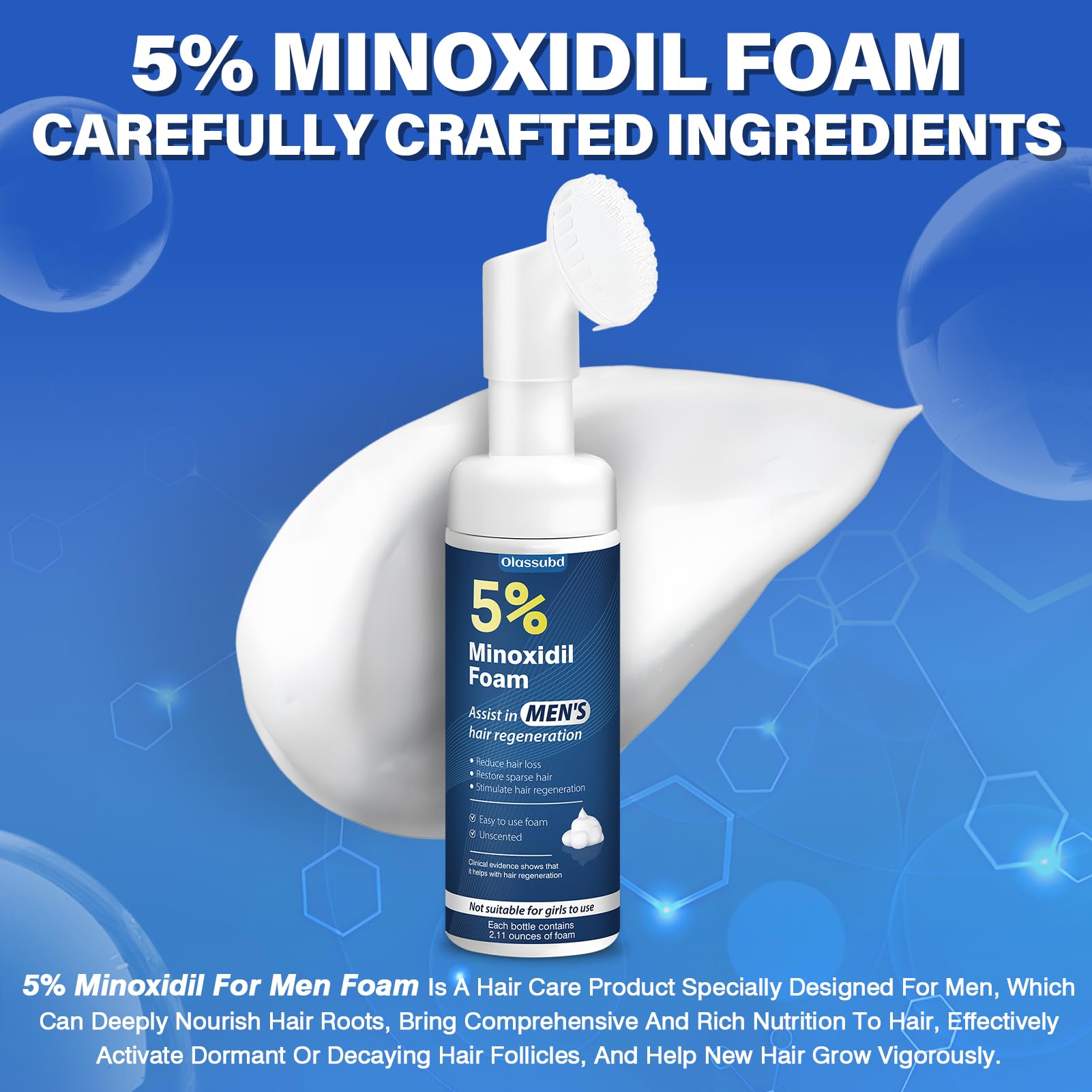 Olassubd Minoxidil 5% Foam focused on targeted area for scalp care.