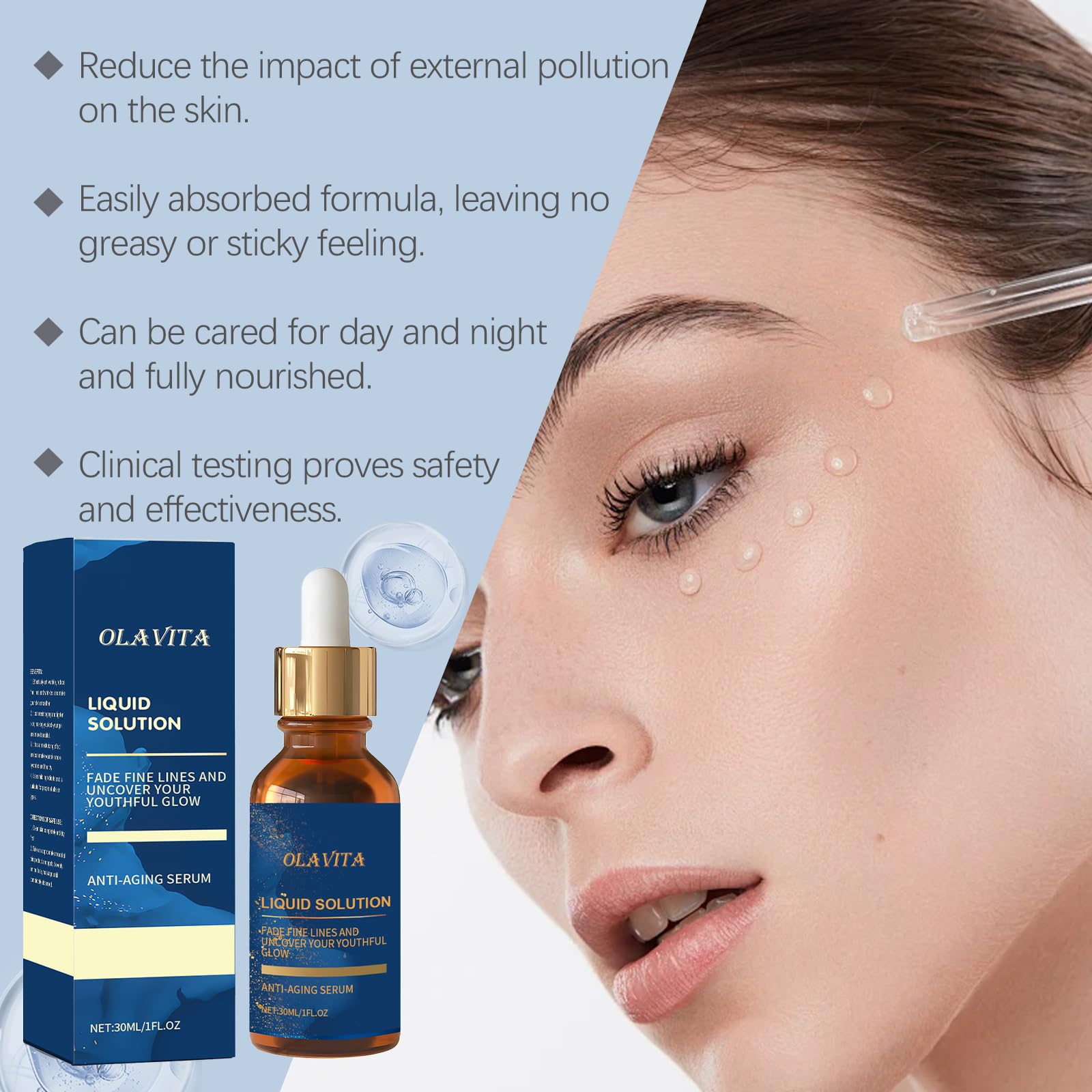 OLAVITA Liquid Solution Serum bottle cap close-up shows easy-to-use dropper for precise application.