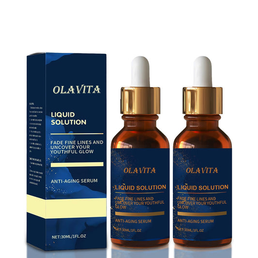 OLAVITA Liquid Solution Serum bottle close-up, premium packaging for skincare routines.