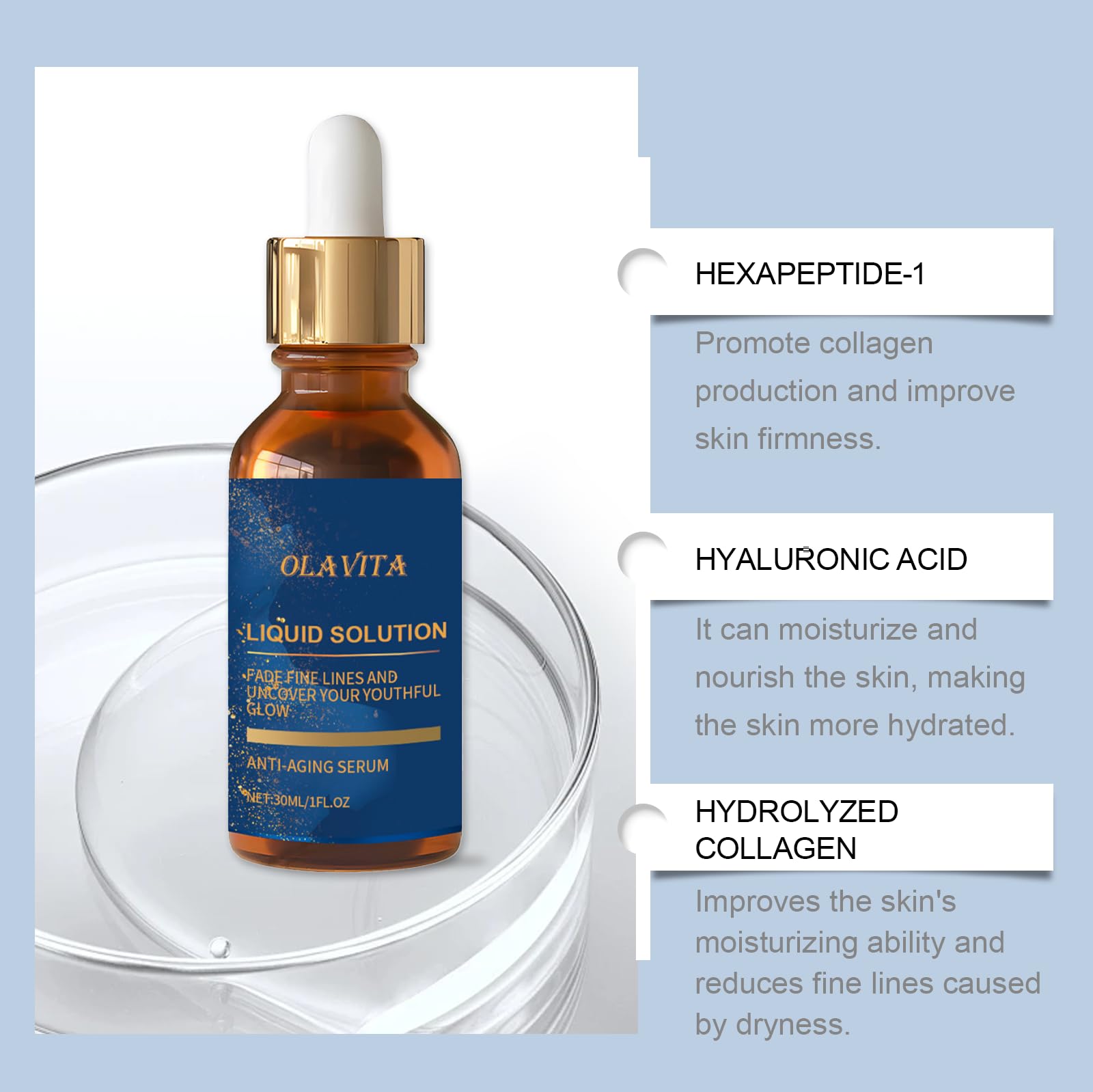 OLAVITA Liquid Solution Serum texture smooth and lightweight for fast absorption.