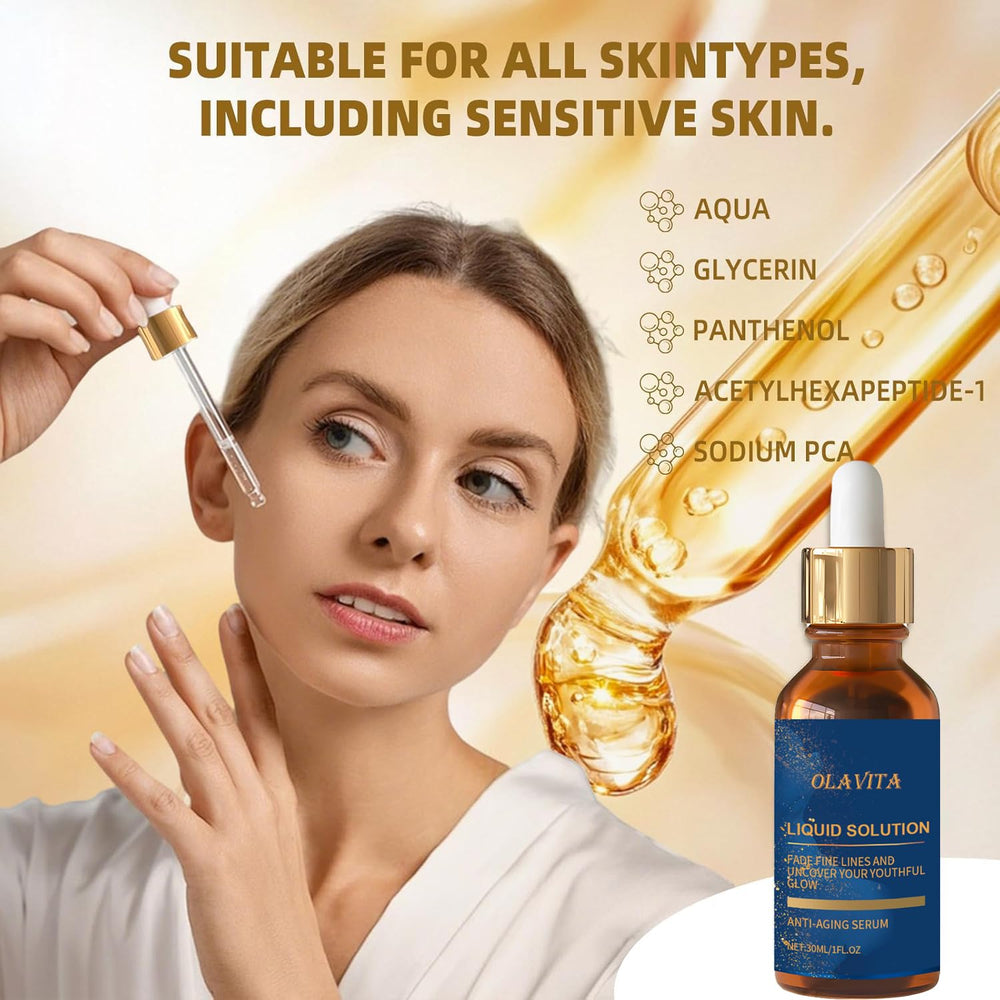 OLAVITA serum texture swatch shows silky, fast-absorbing formula.