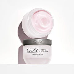 Olay Active Hydrating Cream packaging open inviting healthy skin