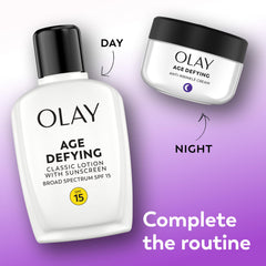Olay Age Defying Classic lotion applied to the face for daytime hydration.