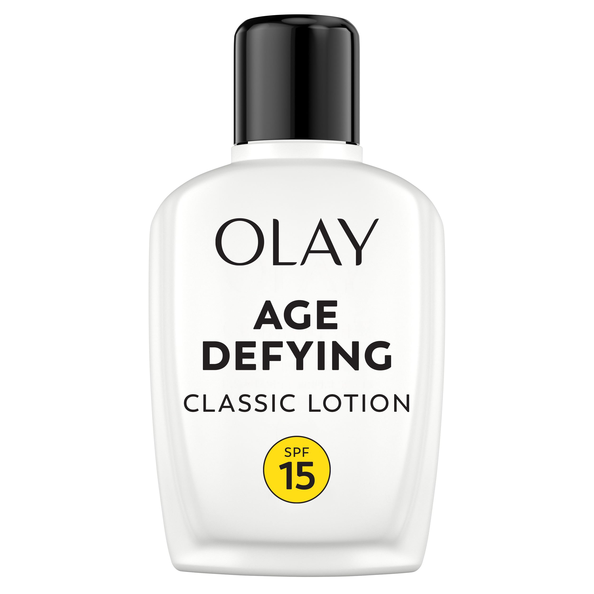 Olay Age Defying Classic Daily Renewal Lotion bottle with SPF 15 for daily hydration.