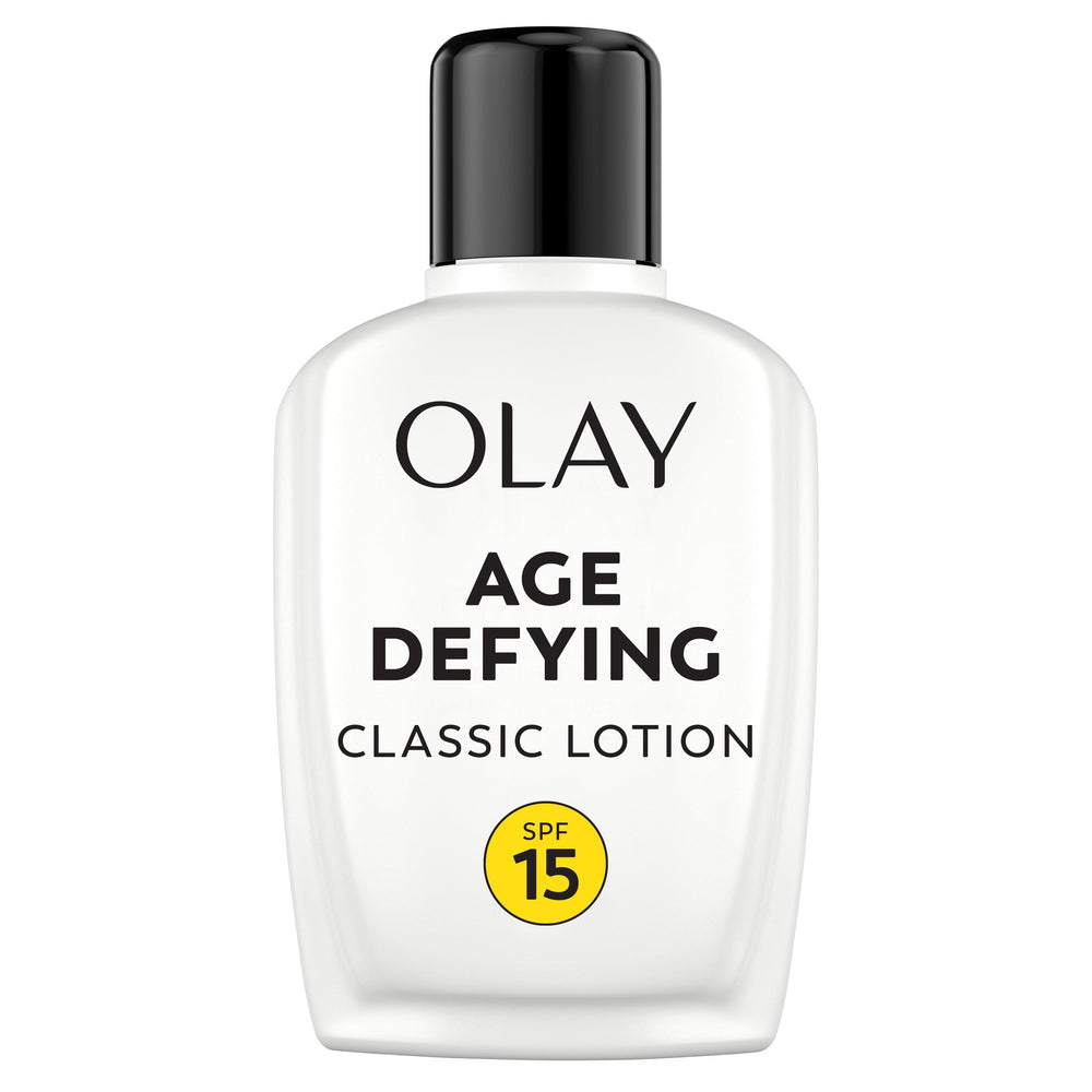 Olay Age Defying Classic Daily Renewal Lotion bottle with SPF 15 for daily hydration.