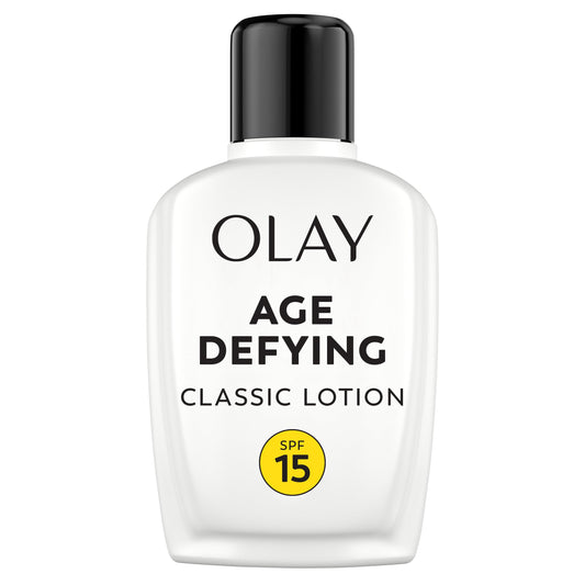 Olay Age Defying Classic Daily Renewal Lotion bottle with SPF 15 for daily hydration.