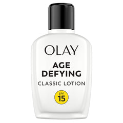 Olay Age Defying Classic Daily Renewal Lotion bottle with SPF 15 for daily hydration.