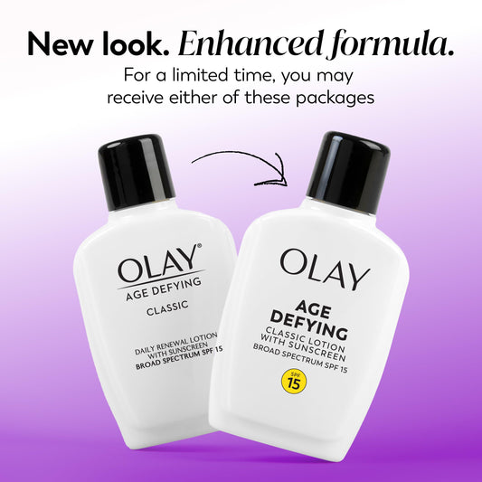Olay Age Defying Classic Daily Renewal Lotion front label highlighting SPF 15.