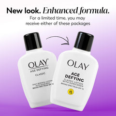 Olay Age Defying Classic Daily Renewal Lotion front label highlighting SPF 15.