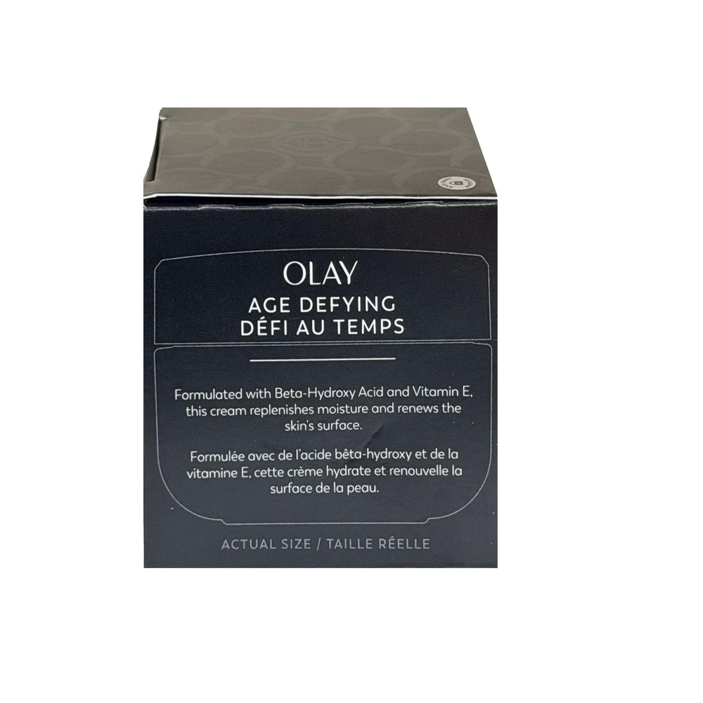 Olay Age Defying packaging back label detailing ingredients.