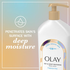 Hands applying Olay Lotion, quick absorption shown.