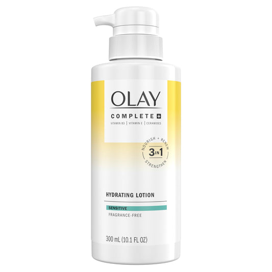 Olay Complete+ fragrance-free hydrating lotion bottle provides all-day moisture