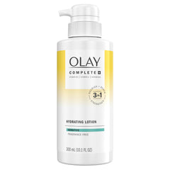 Olay Complete+ fragrance-free hydrating lotion bottle provides all-day moisture