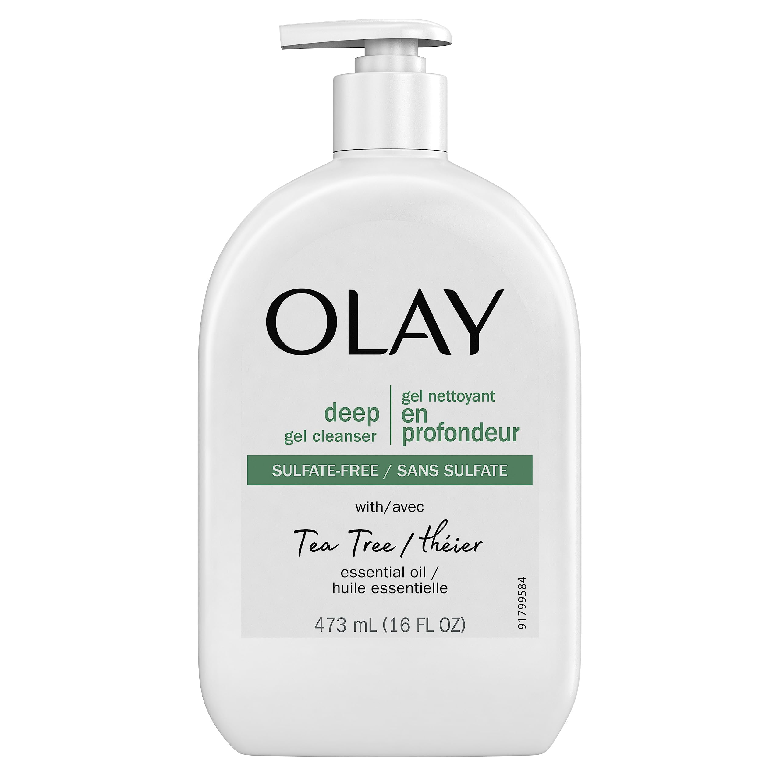 Olay Deep Gel Cleanser bottle with tea tree oil for a refreshing cleansing routine.