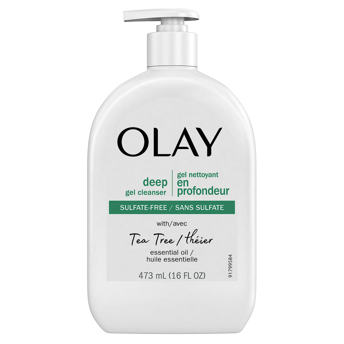 Olay Deep Gel Cleanser bottle with tea tree oil for a refreshing cleansing routine.