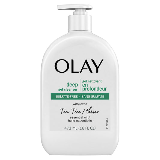 Olay Deep Gel Cleanser bottle with tea tree oil for a refreshing cleansing routine.