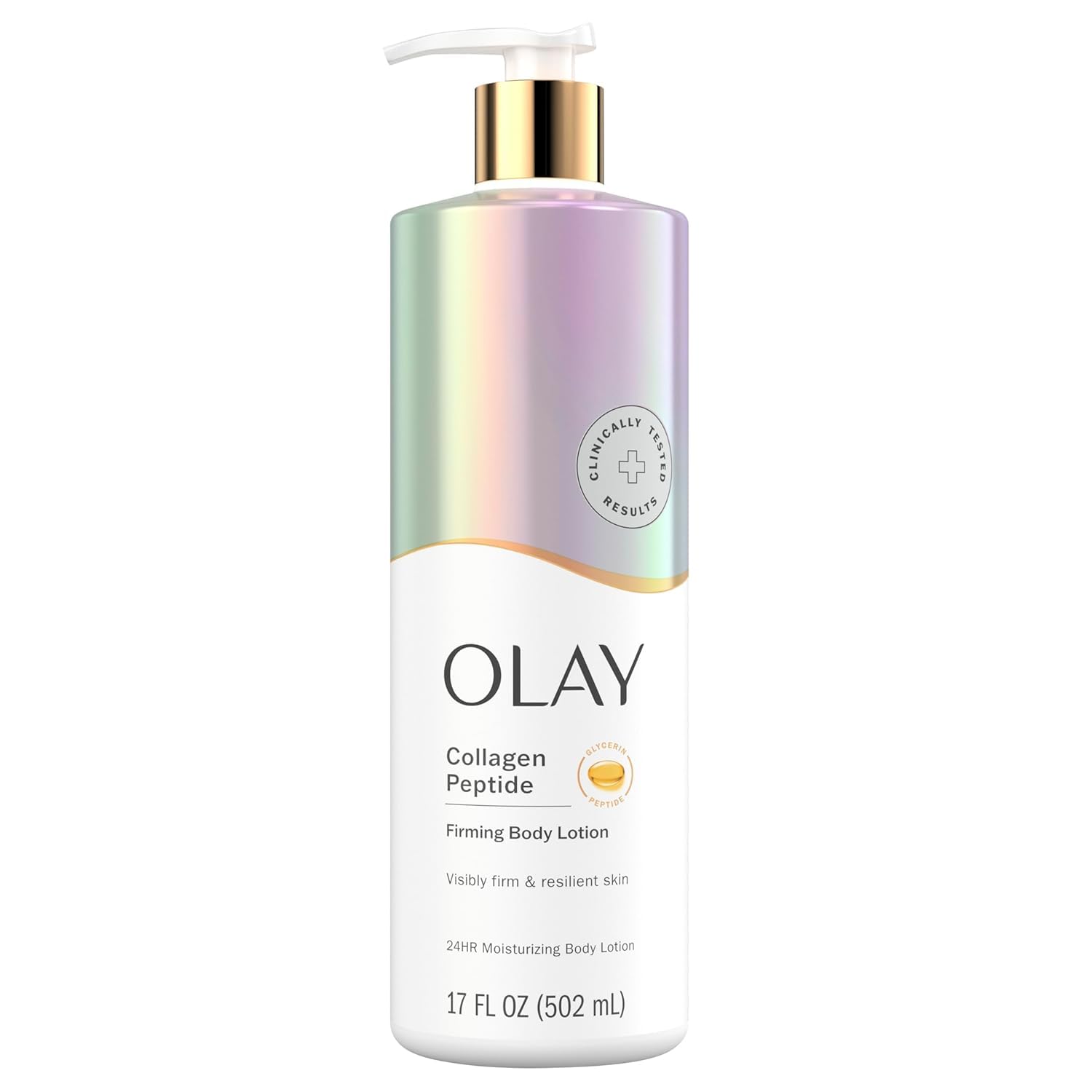 Olay Firming & Hydrating Lotion bottle pump delivers collagen moisture for smoother skin.