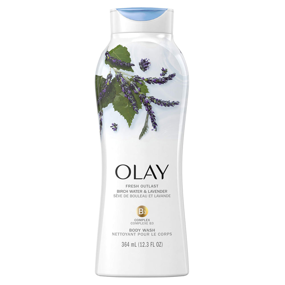 Olay Fresh Outlast Birch Water & Lavender bottle pouring, refreshing shower experience
