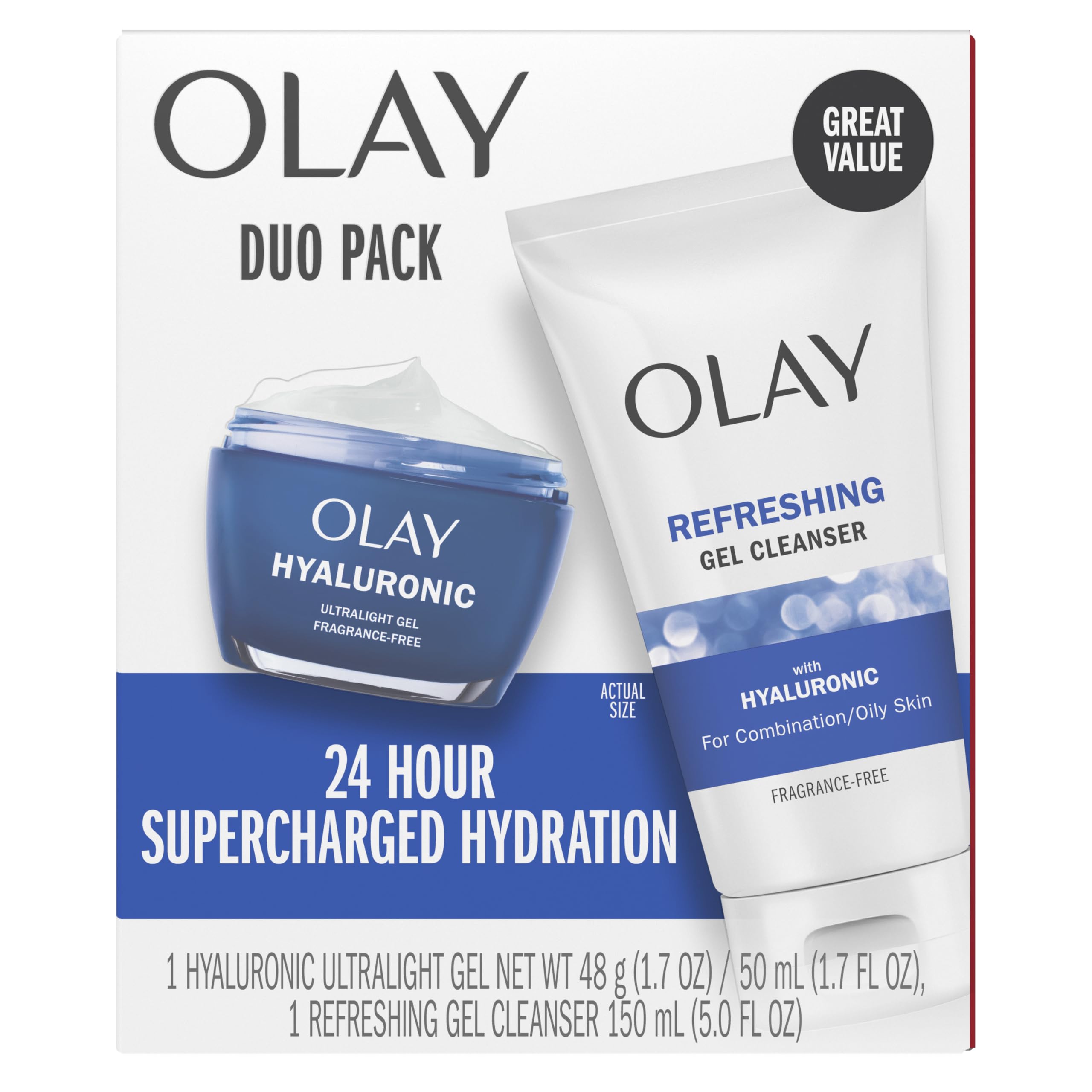 Olay Hyaluronic Ultralight Gel Moisturizer jar shows smooth application and lasting hydration.