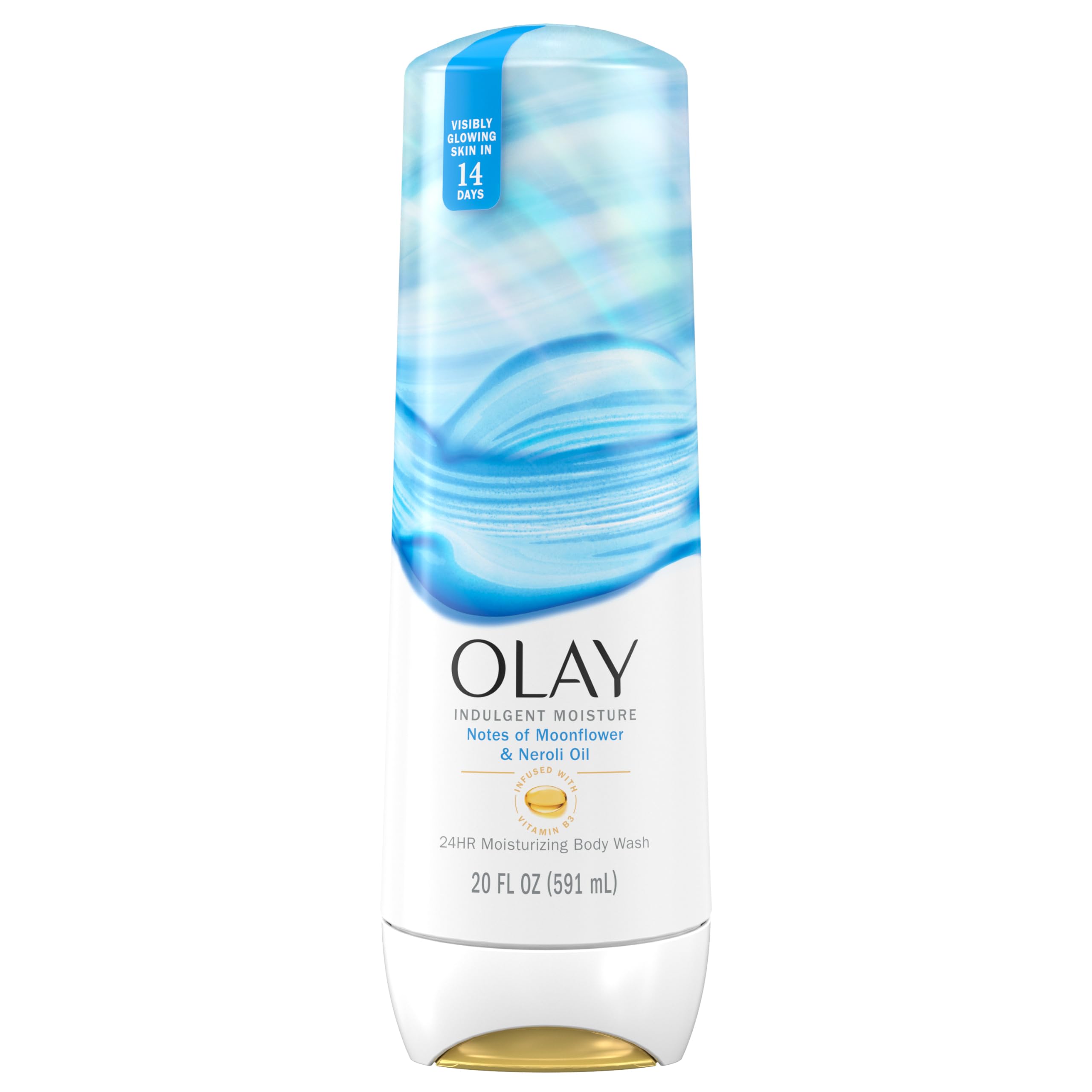 Olay Indulgent Moisture bottle pour showing quick hydrating cleanse