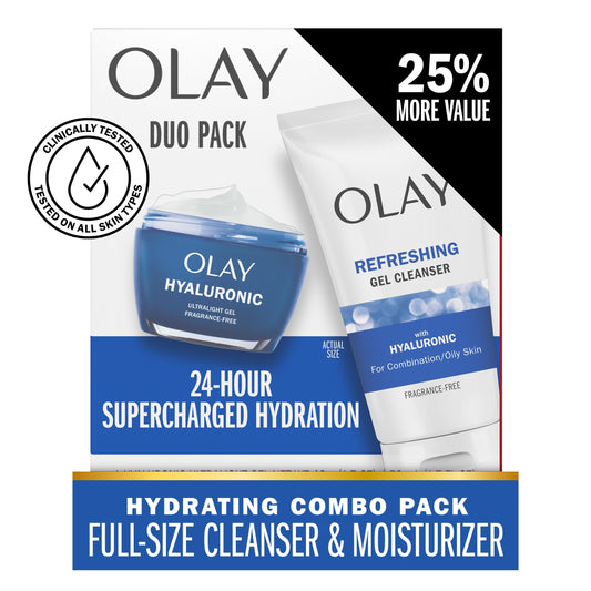 Olay Refreshing Gel Face Wash bottle highlights deep cleansing with hyaluronic acid.