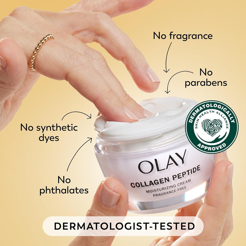 Olay Regenerist Collagen Peptide 24 fragrance-free packaging conveys clean, non-irritating formula.