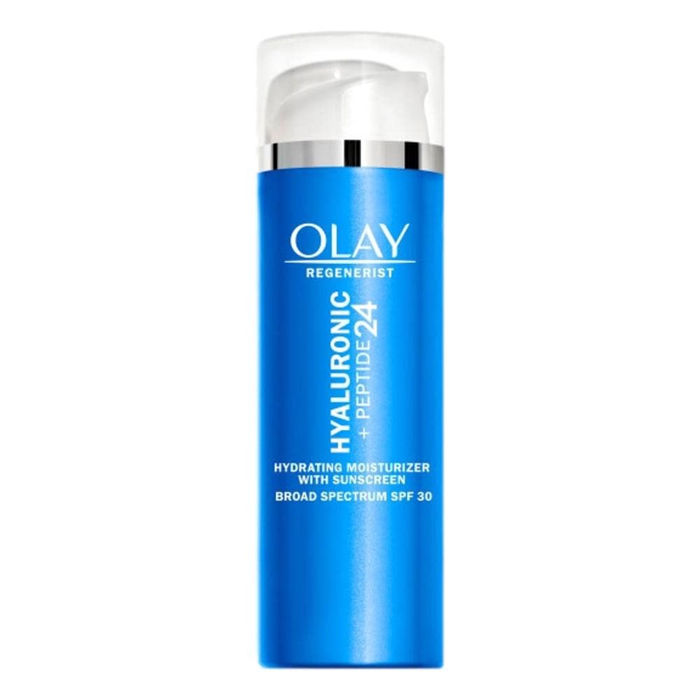 Olay Regenerist Hyaluronic + Peptide 24 SPF 30 moisturizer bottle for daily hydration and sun protection.