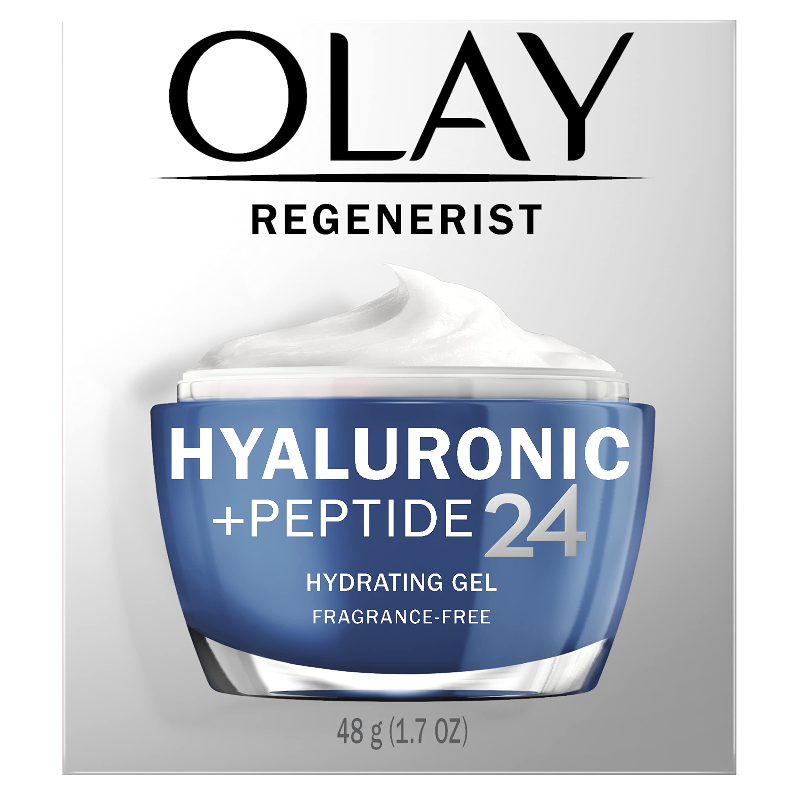 Olay Regenerist Hyaluronic Plum Refresh Ultralight Gel bottle showing lightweight hydration for all-day wear.