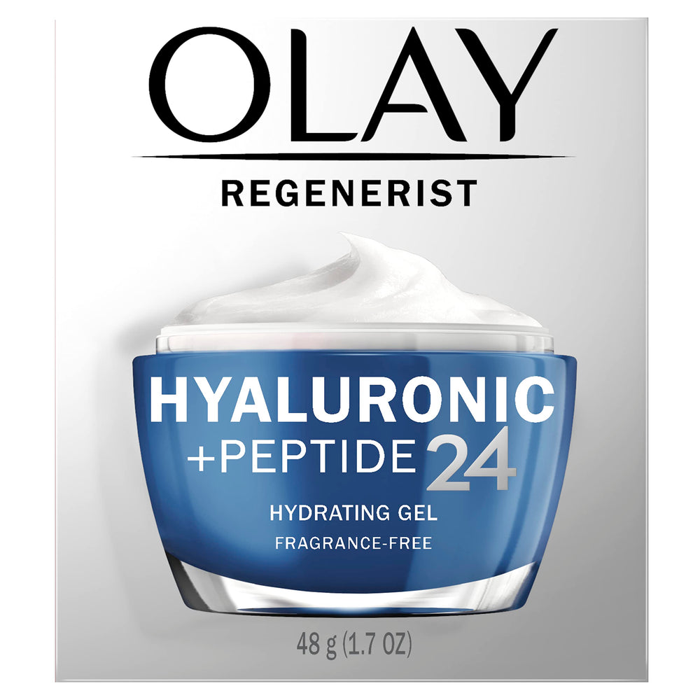 Olay Regenerist Hyaluronic Plum Refresh Ultralight Gel bottle showing lightweight hydration for all-day wear.
