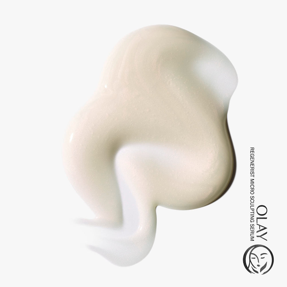 Olay Regenerist serum close-up shows non-greasy, fast-absorbing texture.