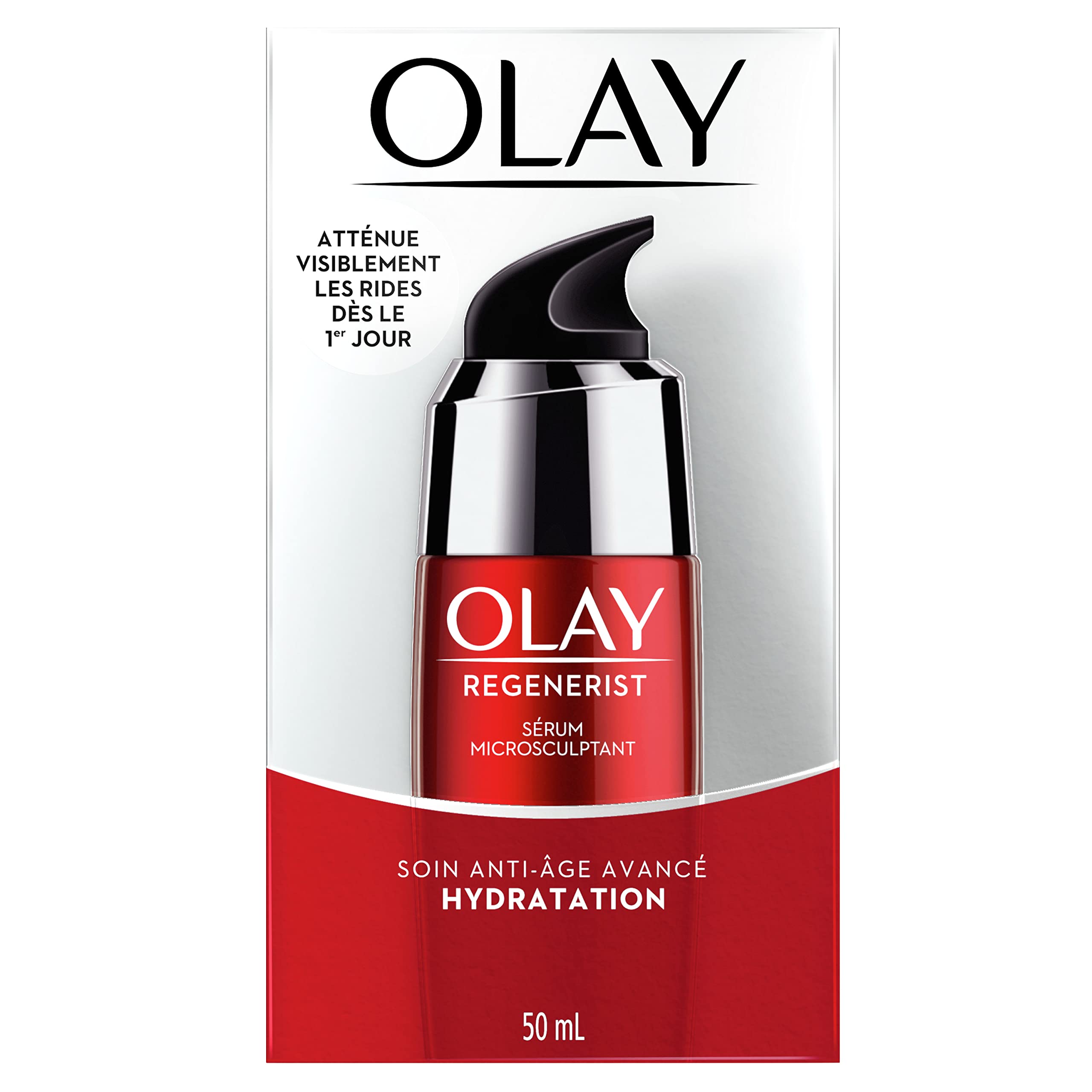 Olay Regenerist Micro-Sculpting Serum pump close-up for controlled application.