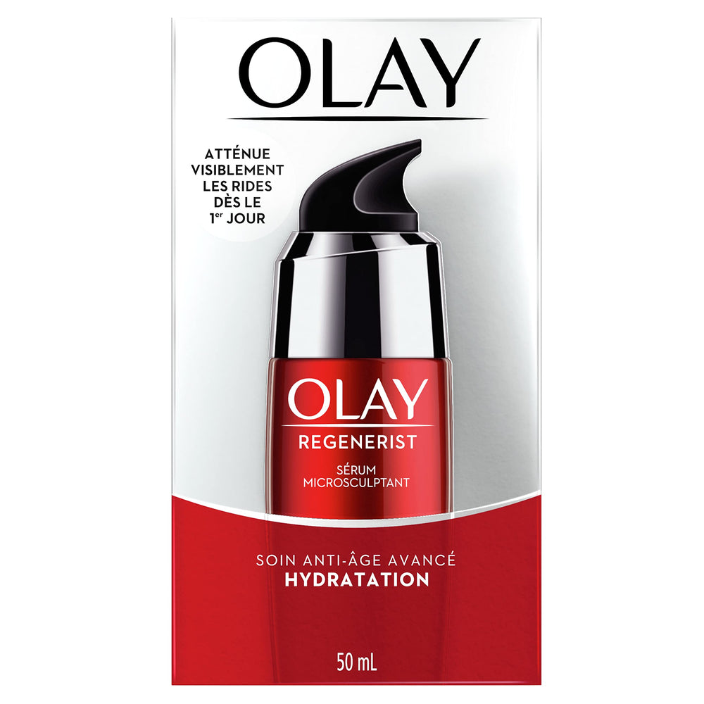Olay Regenerist Micro-Sculpting Serum pump close-up for controlled application.