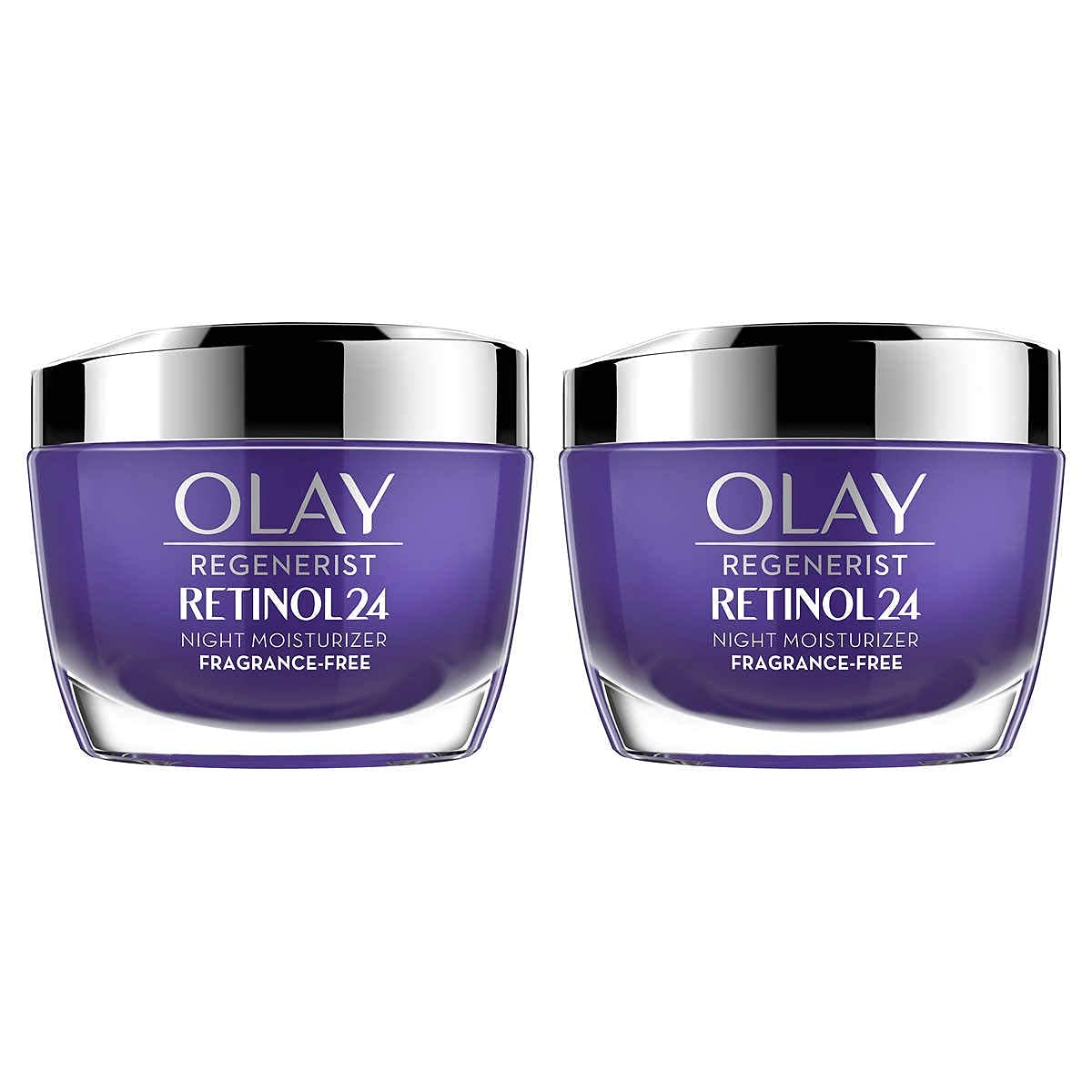 Olay Regenerist Retinol 24 Night Cream bottle; fragrance-free, quick-absorbing nightly moisturizer for 24-hour hydration.