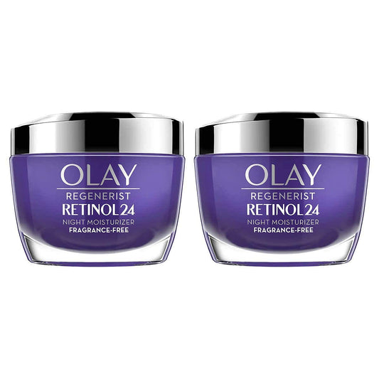 Olay Regenerist Retinol 24 Night Cream bottle; fragrance-free, quick-absorbing nightly moisturizer for 24-hour hydration.
