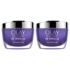 Olay Regenerist Retinol 24 Night Cream bottle; fragrance-free, quick-absorbing nightly moisturizer for 24-hour hydration.