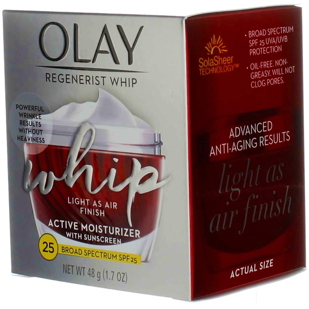 Olay Regenerist Whip SPF25 ingredients panel hints at amino peptide complex II benefits.